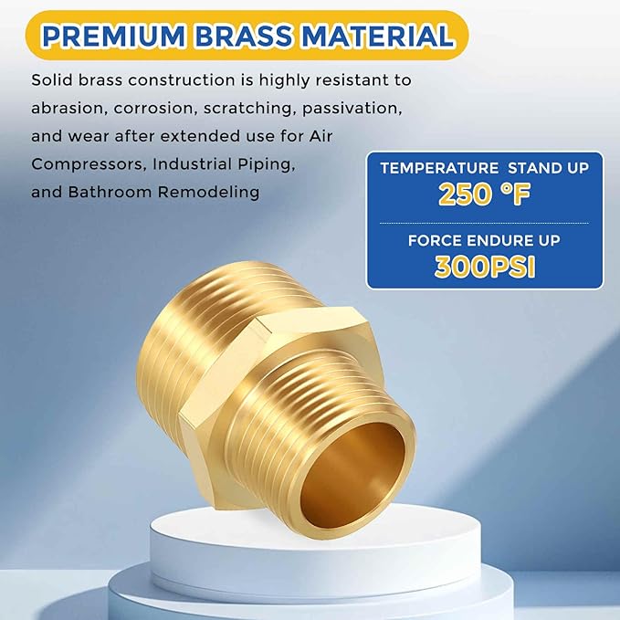 2 Pack Brass Pipe Fittings, 1" NPT Male to 3/4" NPT Male Brass Hex Nipple, Male Pipe Adapter Reducer for Air, Oil, LP