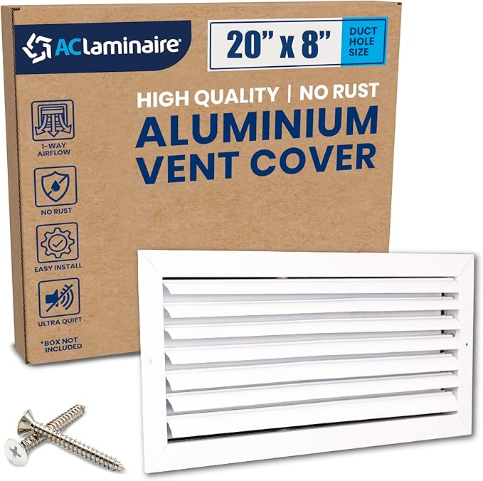 20x8 Inch (Duct Opening) Aluminum 1-Way Air Flow Vent – HVAC Vent Cover for Wall or Ceiling – Quiet HVAC Wall Register with Multi-Shutter Damper – Adjustable Curved Blade - Plastic Seal for Tight Fit
