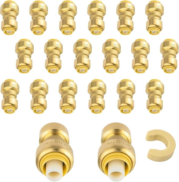 (Pack of 20) Niikappu 1/2" x 3/8" Reducing Coupling Brass Fittings, Push-to-Connect Plumbing Fitting for Pex, Copper, CPVC, Includes Removal Clip