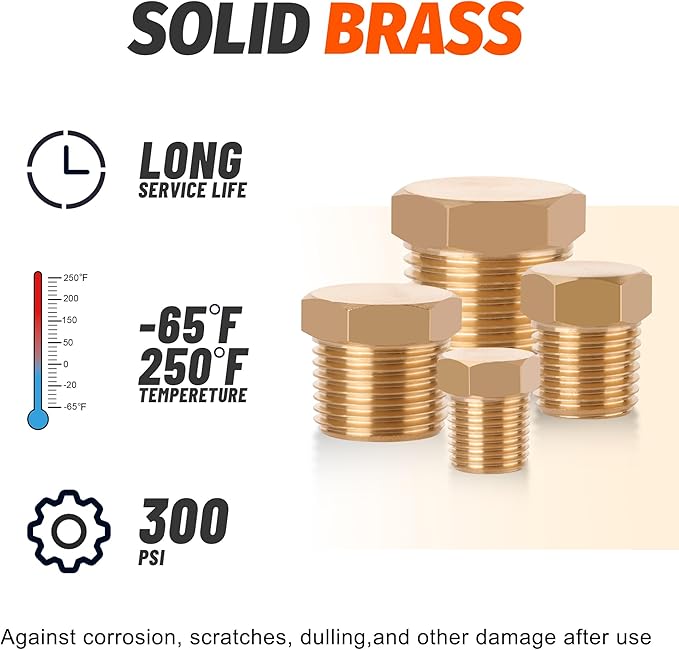 24 PCS Brass Hex Pipe Plug Fittings Kits,Brass Plugs Fitting Assortment Kit 1/8" 1/4" 3/8" 1/2" NTP Plugs Male Threaded