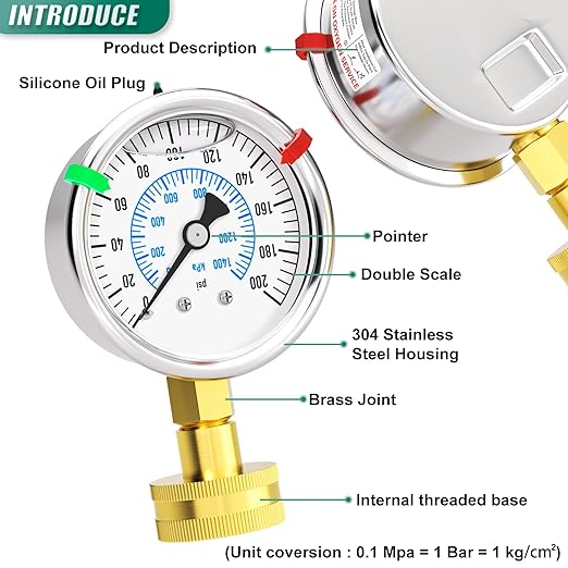 0-200PSI Stainless Steel Water Pressure Glycerin Filled Gauge, 2.5" Dial Size, 3/4" Brass Female Lower Mount, with Sealing Ring, Home Water Pressure Tester (with Range Mark Pointer)