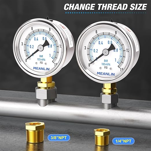 MEANLIN MEASURE 0~15Psi Dry Low Pressure Gauge Stainless Steel 1/" NPT 2" FACE DIAL Waterproof for Water Oil Air Well Pump Tank Tire Pressure Test Lower Mount, with 1/4" NPT and 3/8" NPT Hex Bushing