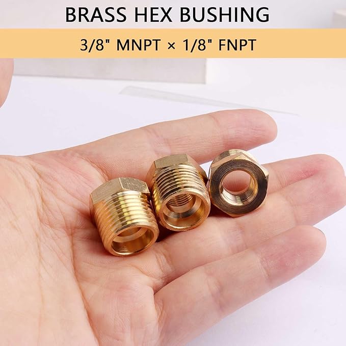 3/8" NPT Male to 1/8" NPT Female Brass Hex Bushing Reducing Bushing Pipe Fitting, Brass Fitting Reducer Adapter