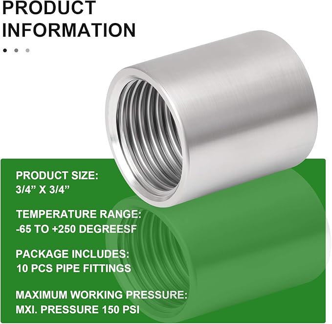 TAISHER 10PCS 304 Stainless Steel Cast Pipe Fitting, Coupling, 3/4" x 3/4" NPT Female Threaded