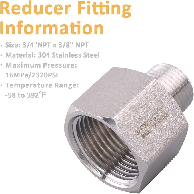 Forged Reducer Adapter Fitting - Stainless Steel 304 Reducing Pipe Connector, 3/4" NPT Female x 3/8" NPT Male (pack of 5)