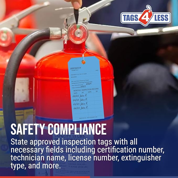 Tags 4 Less Custom Fire Extinguisher Tags – Preventative Maintenance Labels for Monthly Inspections, Alternative to Safety Sticker for Easy Record-Keeping – Pack of 100 (Dark Blue, Vinyl Plastic)