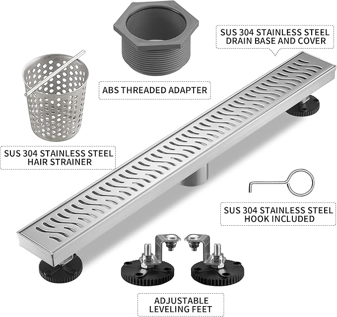 Linear Shower Drain 32 inch, Floor Drain with Removable Pattern Grate, 304 Stainless Steel Rectangular Linear Drain with Hair Strainer, CUPC Certified, Brushed Nickel, SD-103
