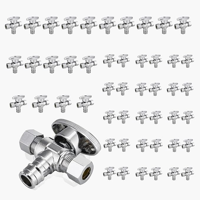 50-Pack GUOFIS PEX-A Angle Stop Valve with Dual Compression Outlet,1/2" PEX-A Expansion Inlet x (3/8" x 3/8") Outlet Shut-off Valves(1/4 Turn,Chrome)(VALVE128-50Pack)