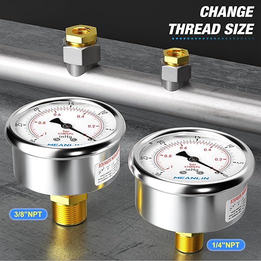 MEANLIN MEASURE -30inHG~0Psi Stainless Steel 1/8" NPT 2.5" FACE DIAL Vacuum Pressure Gauge, Center Back Mount, with 1/4" NPT and 3/8" NPT Hex Bushing