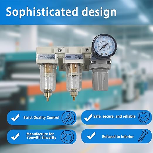 XingNEeng 1/4" NPT Compressed Air Filter Regulator Lubricator (FRL) Unit, Double Water/Oil Trap Separator, Gauge(0-150 psi), Manual Drain Air Compressor Water Separator, Poly Bowl, Metal Bracket