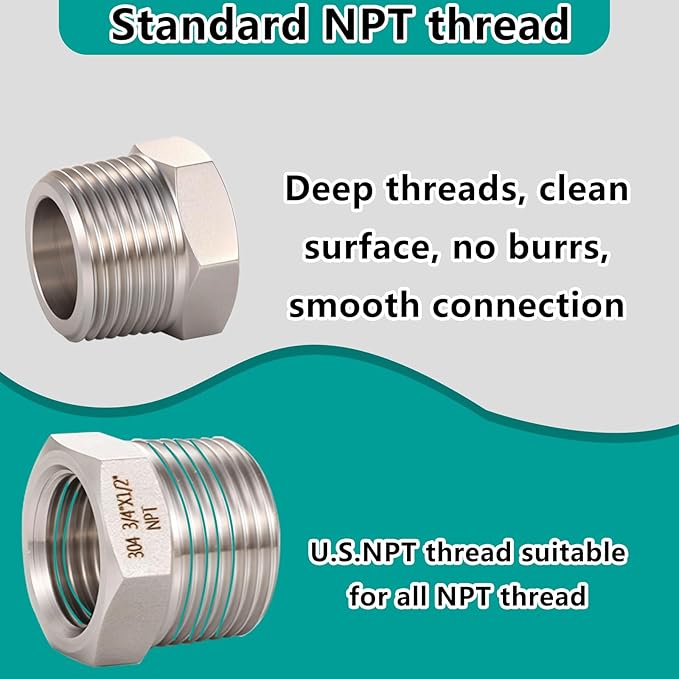 2 Pcs 3/4" Male NPT to 1/2" Female NPT Reducer Hex Bushing，304 Stainless Steel Pipe Fitting Hex Bushing, Heavy Duty Pipe Fitting Reducer Adapter