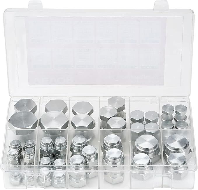 VEVOR 64 PCS BSPP Hydraulic Fittings, Hydraulic Cap and Plug Kit with Precision Threading, Galvanized Steel Heavy Duty Hydraulic Fitting Adapter Kit, Dash Sizes 04/06/08/10/12/16