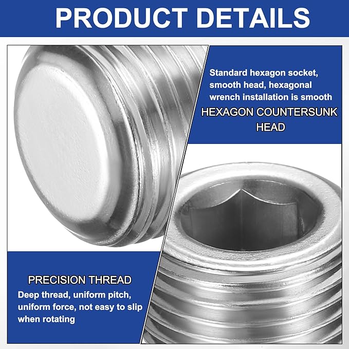 PATIKIL 5 Pcs 304 Stainless Steel Pipe Plug M18 x 1.5 Male Internal Hex Thread Socket Pipe Plug Hex Countersunk Pipe Fitting for Sealing Water Oil Gas Pipeline, Silver