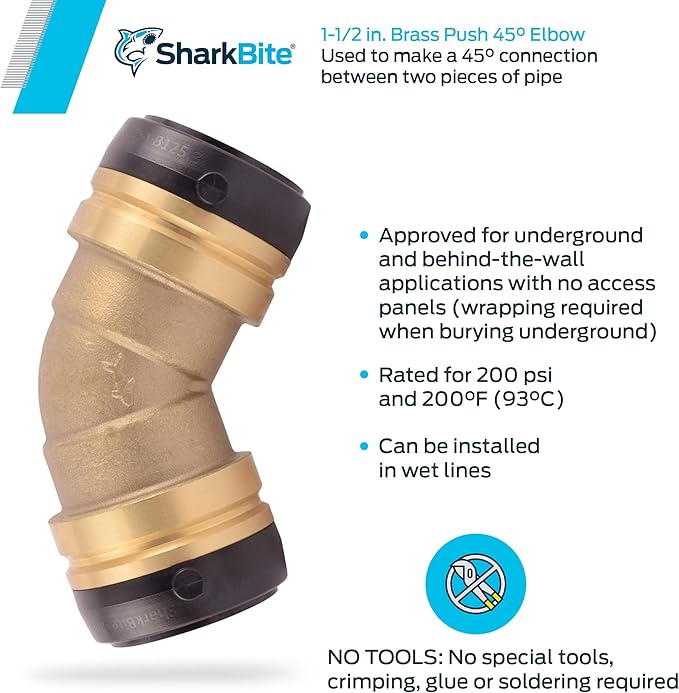 SharkBite 1-1/2 Inch 45 Degree Elbow, Push to Connect Brass Plumbing Fitting, PEX Pipe, Copper, CPVC, PE-RT, HDPE, UXL0541