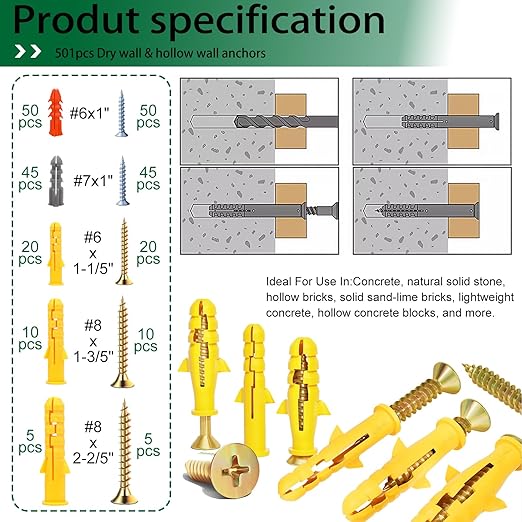501PCS Drywall&Hollow&Concrete Wall Anchors Toggle Bolts and Wing Nut with Screws Kit,Self Drilling Expansion Screws (2025 Upgraded),11 Sizes Sheetrock Anchors Screws Kit for Wall Art Decor