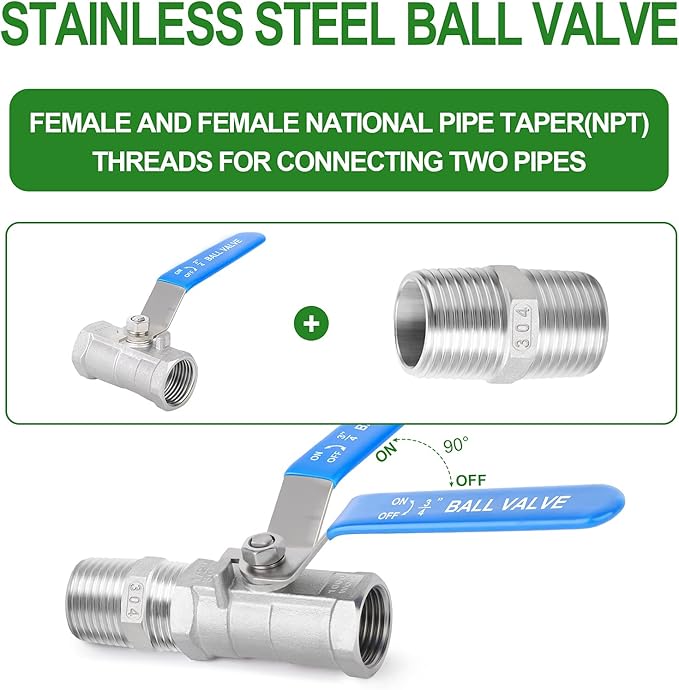 TAISHER 4 Pcs 3/4 Inch FNPT Ball Valve Kit, 304 Stainless Steel with Blue Handles & Nipple