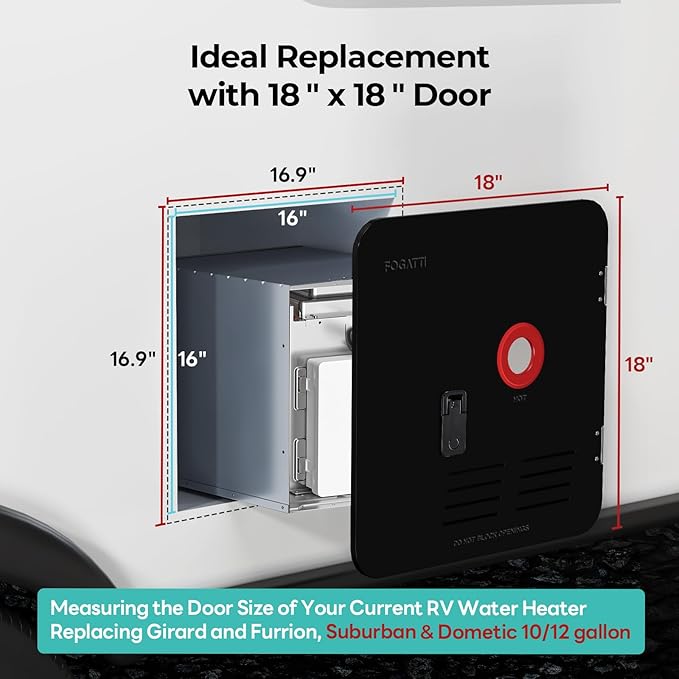 FOGATTI RV Tankless Water Heater, 3 Optional Door Sizes 15"x15", 15"x18" and 18"x18" for Refitment, DC 12V, Optimized Summer Comfort Performance, Ideal for RVers' Family Use, InstaShower 7