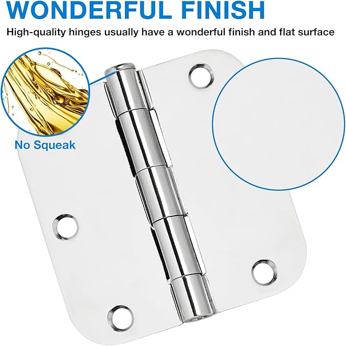 Polished Chrome Door Hinges 3.5 Inch 3 Pack Indoor 3 1/2 Inside Interior Door Hinge Pantry Laundry Basement Bedroom Door Hinges Flat Iron Bifold Residential Stardand Rounded Door Hinge 5/8" Radius