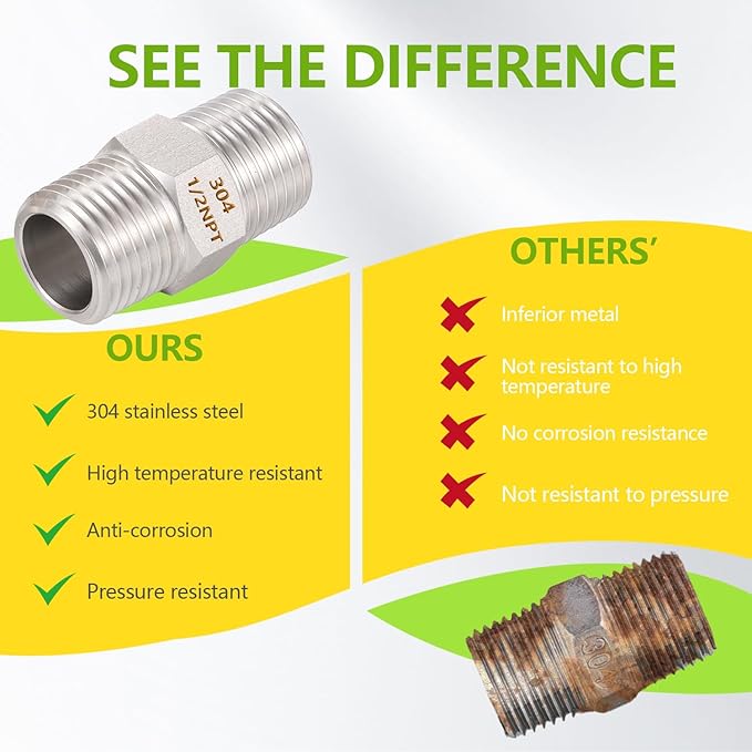 4PCS Hex Nipple 1/2" Male x 1/2" Male Pipe Fittings, 304 Stainless Steel 1/2 inch NPT Male Threaded Pipe Adapter Fittings, Male Straight Connector Pipe Fitting