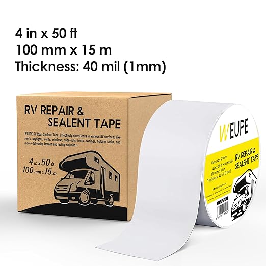 RV Sealant Tape, White, 4 Inch x 50 Feet, Roof Patch Repair Tape, Roofing Tape for RV, Waterproof Leak Tape for RV puncture, Boat Sealing, Awning, Canopy, Tents, Camper, Greenhouse and Tarpaulin