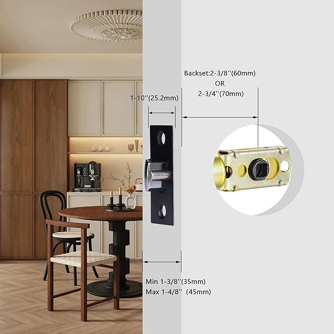 Adjustable Deadlatch Size 60/70mm 45°Turning Angle Square Hole 7.6mm Suitable for Keyed Entry Door Knob/Handle, Door Lock Replacement Parts with Door Strike Plate Matte Black