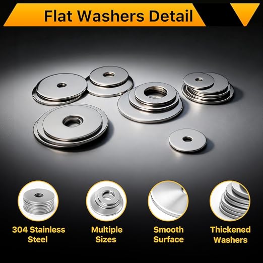 108PCS Flat Washers Assortment Kit, 304 Stainless Steel Fender Washers, 12 Sizes (M3 M4 M5 M6 M8 M10 M12) Metric Metal Washers for Screws and Bolts, Automotive Industrial Home Use