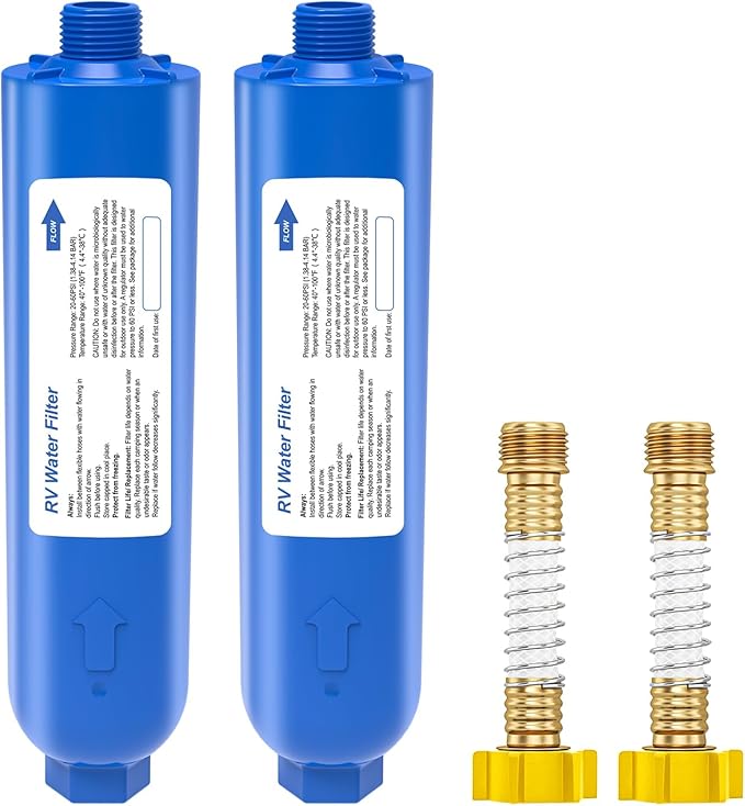 RV Inline Water Filter with 2 Flexible Hose Protector, NSF Certified, Reduces Odors, Chlorine, Bad Taste, Water Filter for Boat, RV, Marine Use, Garden, 2 Pack