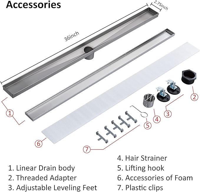 36 Inch Linear Shower Drain with Tile Insert Grate,SUS304 Stainless Steel Floor Drain with Ajustable Leveling Feet and Hair Filters,Apply to Any Applications for the need of Waterproofing and Drainage