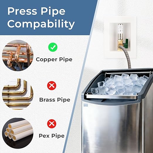 Ice Maker Outlet Box with Water Hammer Arrestor, 1/2-Inch Press x 1/4-Inch OD Compression with 1/4-Turn Ball Valve, Ice Maker Valve Wall Box with Faucet, Absorb Shock and Reduce Noise