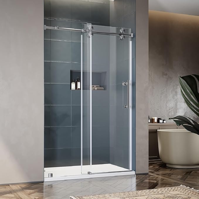 50-55 Inch x 80 Inch Sliding Frameless Shower Door, 3/8" Tempered Glass with Easy-Cleaning Coating, Stainless Steel Rollers & SGCC-Certified Stability, Brushed Nickel