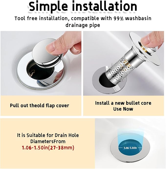 2Pack Bathroom Sink Stopper 1.06"-1.50", Universal Bathroom Sink Drain Pop Up Stopper for US Bathroom Sink Stainless Steel Floor Drain Filter, U.S. Standard Universal Drain Filter (Silver)