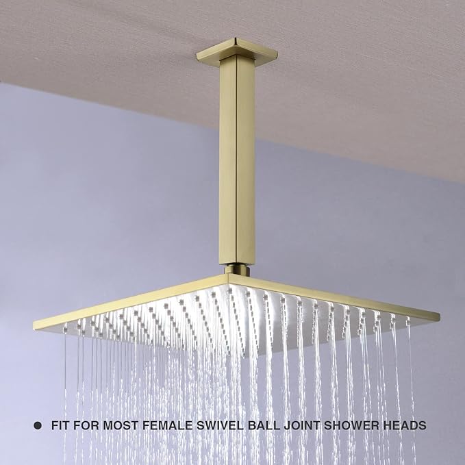 TRUSTMI Square Shower Arm with Flange 8 Inch Extension Arm for Rainfall Shower Head Ceiling Mounted Stainless Steel, Brushed Gold