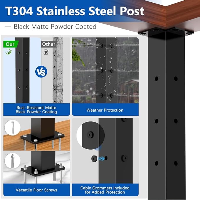 Upgraded Swageless T-drilled Corner Cable Railing Post 36" (Post 35"x2"x2"), Three Sides Fixed Top Mount Corner Post with Cable Grommets, T304 Stainless Steel, Outdoor Finish for Decks