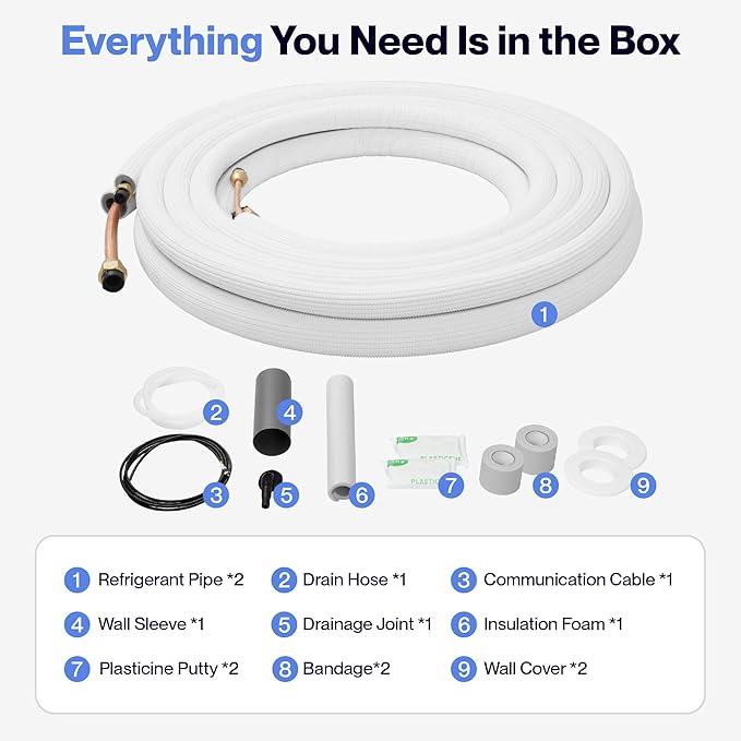 DELLA 50 Ft Mini Split Line Set, Includes 3/8" & 1/4" O.D. Copper Pipes with Flared Nuts and a 3/8" Thick White PE Insulated Coil, Perfect for Mini Split AC and Other HVAC Systems