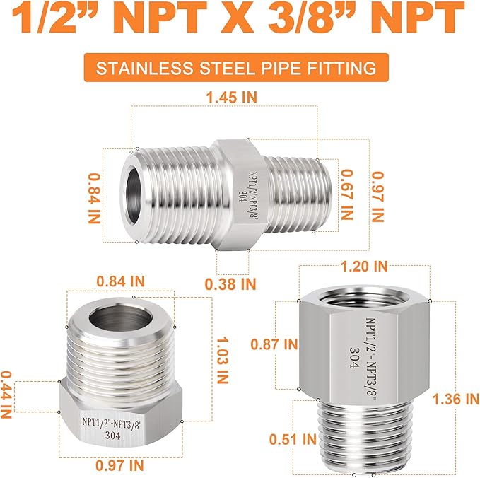 GASHER 6PCS 304 Stainless Steel Pipe Fitting, Hex Bushing, Reducer Adapter, Reducing Hex Nipple 1/2 Inch NPT x 3/8 Inch NPT
