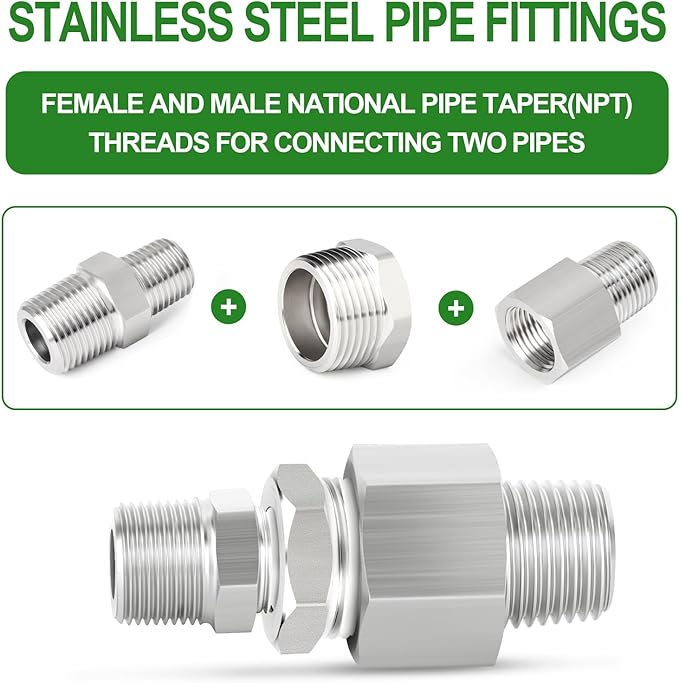 TAISHER 5PCS 304 Stainless Steel New Reducer Hex Bushing, 3/4" NPT Male x 1/2" NPT Female, Reducing Pipe Adapter Fitting