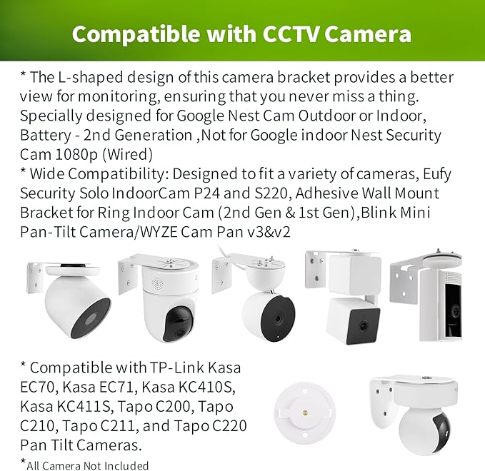 2 Pack Metal Wall Mount for Kasa Indoor Pan/Tilt Camera EC70 & KC410S – Wall or Ceiling Bracket, Upright or Upside‑Down Install, 360 Degree Adjustable Viewing, Rust‑Proof Steel (Camera Not Included)