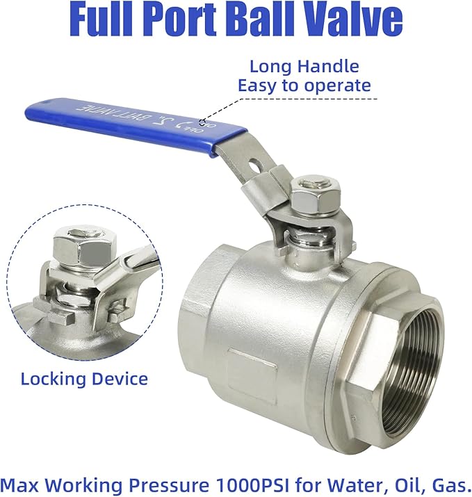 YADIAN 2 Pack 2'' Ball Valves NPT Female Stainless Steel 304 Full Port Ball Valve Heavy Duty 2 inch Shut Off Valve for Water, Oil, and Gas with Locking Device, 1000 WOG