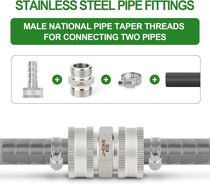 TAISHER 2PCS 304 Stainless Steel Garden Hose Adapter, 3/4" GHT Male x 3/4" GHT Male Garden Hose Connector with Washers