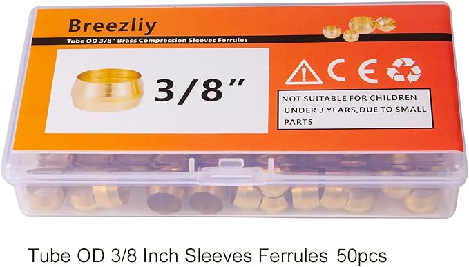 50PCS Tube OD 3/8" Brass Compression Sleeves Ferrules,Brass Compression Fitting Assortment Kit (3/8" Tube OD)
