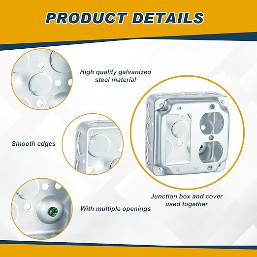 8 Set 4 × 4" Electrical Junction Box with Cover Electrical Metal Outlet Box, 21.0 Cu. in. Capacity Receptacle Exposed Work Cover, 1-1/2'' Deep (1 Gfci and 1 Duplex)