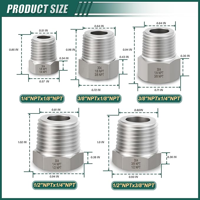 10PCS 304 Stainless Steel Reducer Hex Bushing, 3/8" - 1/4",1/4" - 1/8",3/8" - 1/8",1/2" - 3/8",1/2" - 1/4", Reducing Pipe Adapter Fitting, for Air/Fuel/Water/Gas/Oil