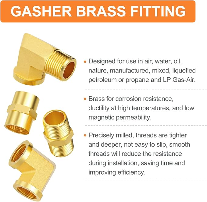 GASHER 8PCS 3/8 Inch NPT Brass Pipe Fittings, Hex Nipple, Hex Coupling, 90 Degree Barstock Street Elbow Air Hose Fittings