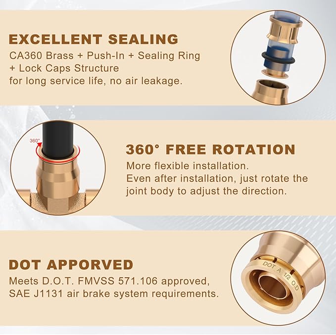 1/2" Quick Push to Connect Fittings Brass Union Tee Shaped Joint DOT Approved 1/2 Inch OD 3 Way Tube Air Line Adapter Air Spring Suspension Kit for Car Truck Trailers and Air Brake System 5pcs
