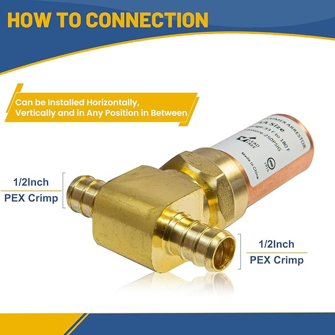 Water Hammer Arrestor,1/2Inch Tee Copper Water Arrestor,Pex Crimp Connection(2PACK,Copper Arrestor)(HAMMER010-2Pack)