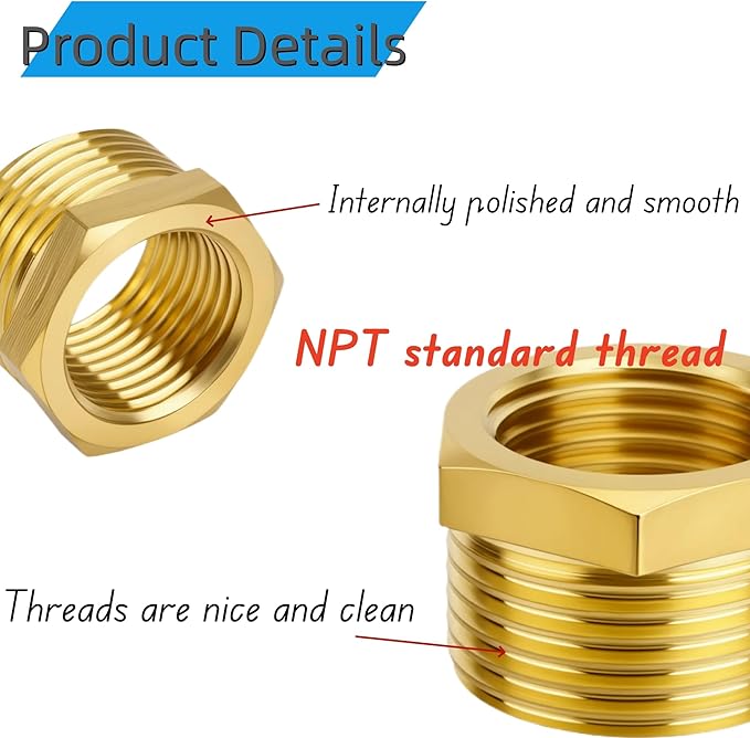 6pcs Brass Reducer Hex Bushing, 3/8" NPT Male to 1/4" NPT Female Heavy Duty Threaded Pipe Air Hose Fitting Reducer Adapter for gas,pipe,tube systems.