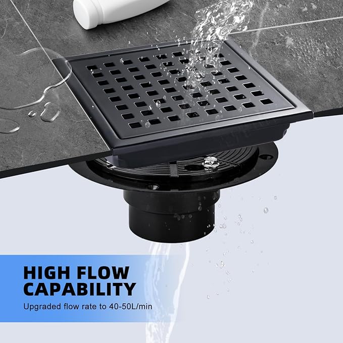 morefine Square Shower Drain with Flange, Shower Drain 6 inch with Removable Grate Cover, SUS 304 Stainless Steel, Matte Black