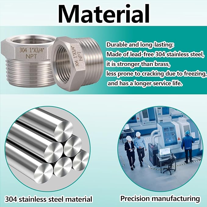 2 Pcs 1" Male NPT to 3/4" Female NPT Reducer Hex Bushing，304 Stainless Steel Pipe Fitting Hex Bushing, Heavy Duty Pipe Fitting Reducer Adapter