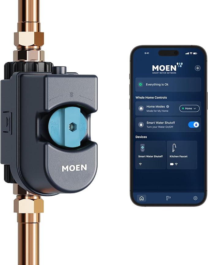 Moen Flo Smart Water Monitor and Automatic Shutoff Sensor, Wi-Fi Connected Water Leak Detector for 1-Inch Diameter Pipe, 900-006