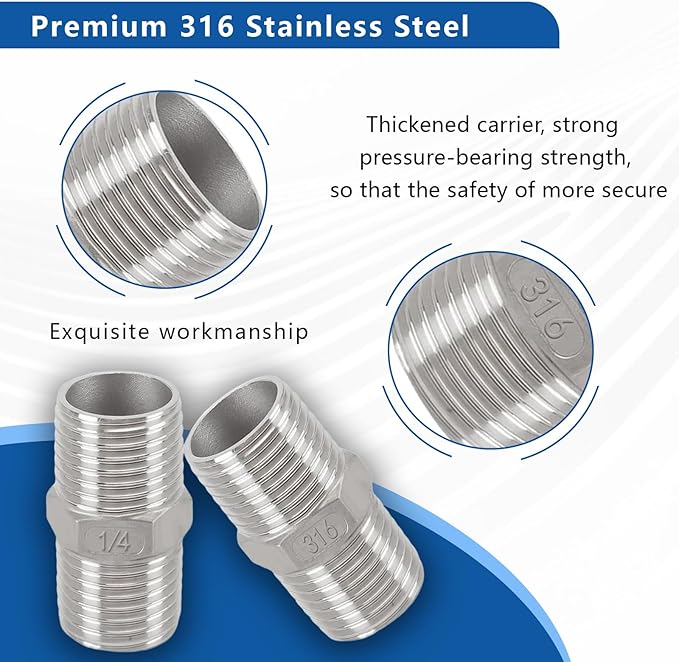 1/4" Male to 1/4" Male Hex Nipple Adapter, 316 Stainless Steel 1/4 Inch NPT Threaded Pipe Fitting, Heavy Duty Coupling for Plumbing Systems, Oil, Gas & Steam (2-Pack)